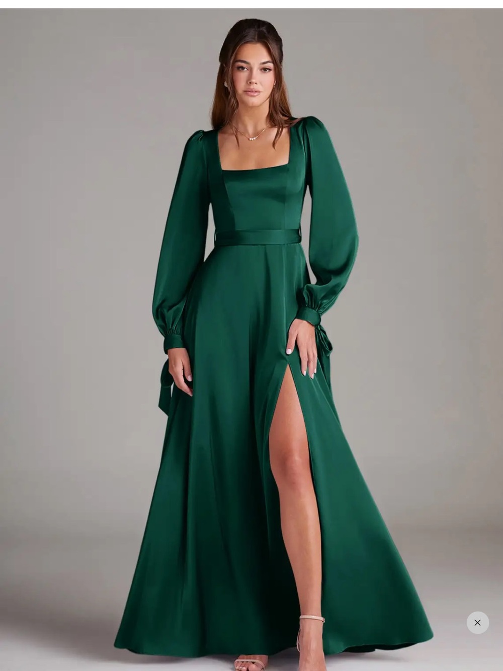 Azazie Elegant Emerald Green Long Sleeve Satin Gown - Women Dresses